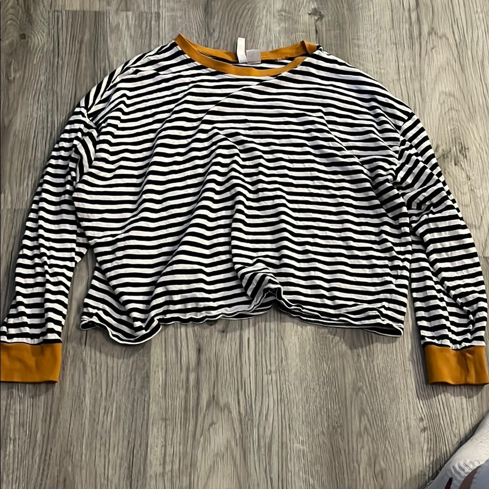 Striped Black and White Top with Mustard Accents